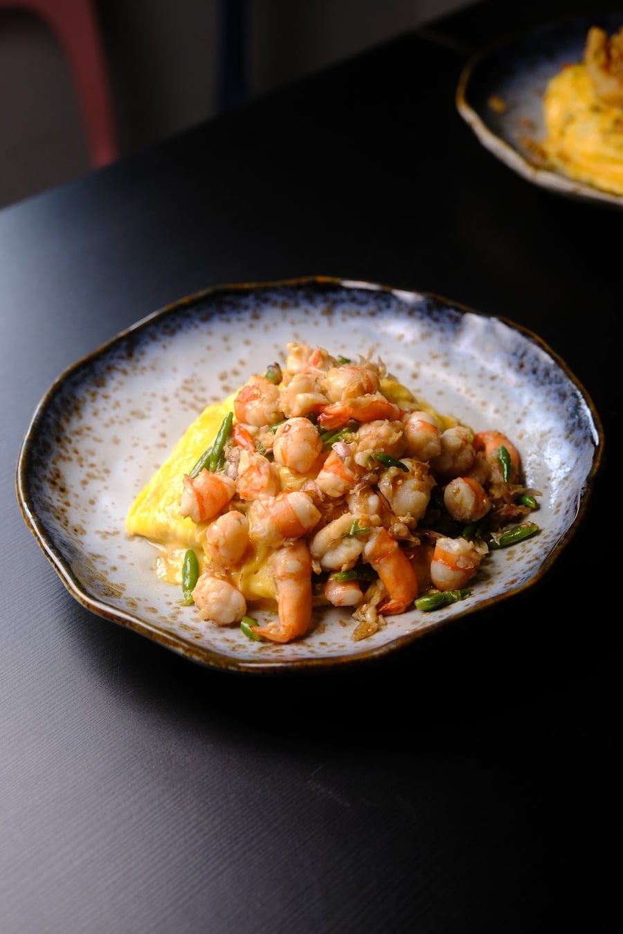 Creamy Egg Rice, Chilli Prawns