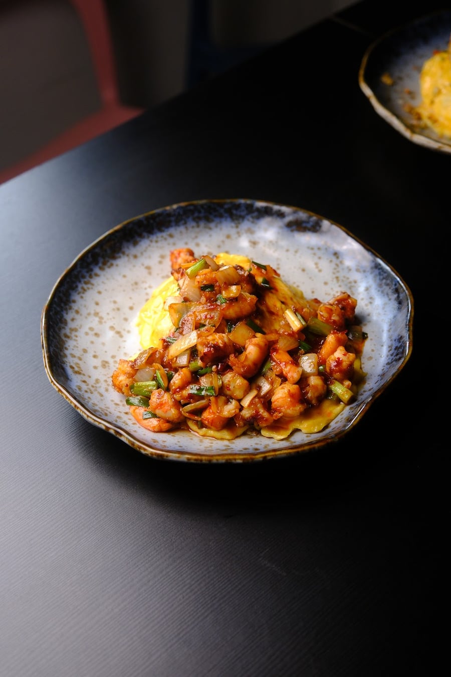 Creamy Egg Rice, Chilli-Paste Prawns